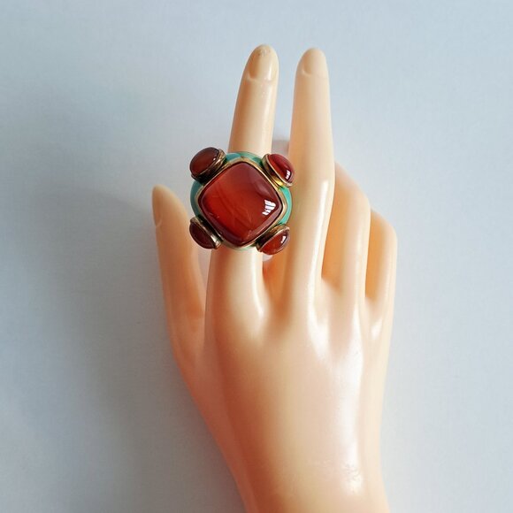 New Angelique de Paris Large Square Orange Natural Stones Blue Ring Size 7 - Picture 15 of 17
